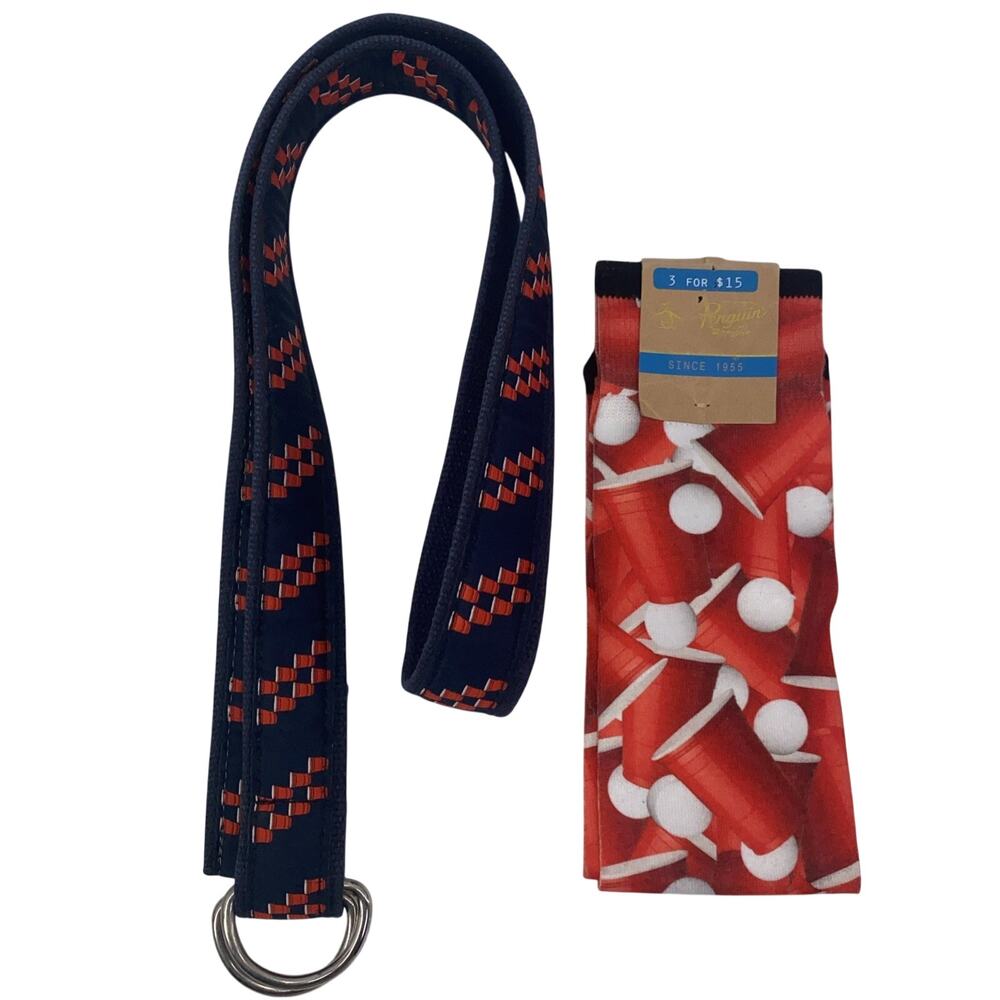 The Belted Cow Canvas Belt XL & Penguin Socks Men Beer Pong
